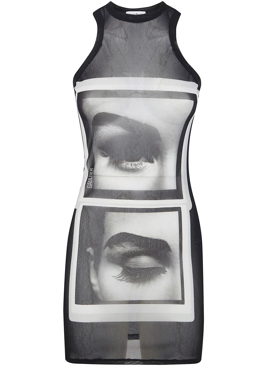Jean Paul Gaultier Re-Edition : Mesh Tanktop Short Dress Printed "Eyes And Lips" Clothing